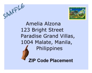 Sample letter envelope with a Philippine postal stamp and address indicating proper placement of ZIP code.