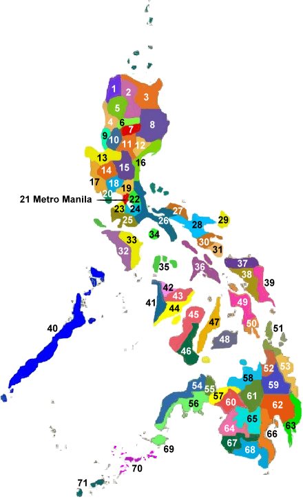 Detailed Philippine Map - color coded and numbered indicating Metro Manila,  provinces & islands throughout the archipelago.